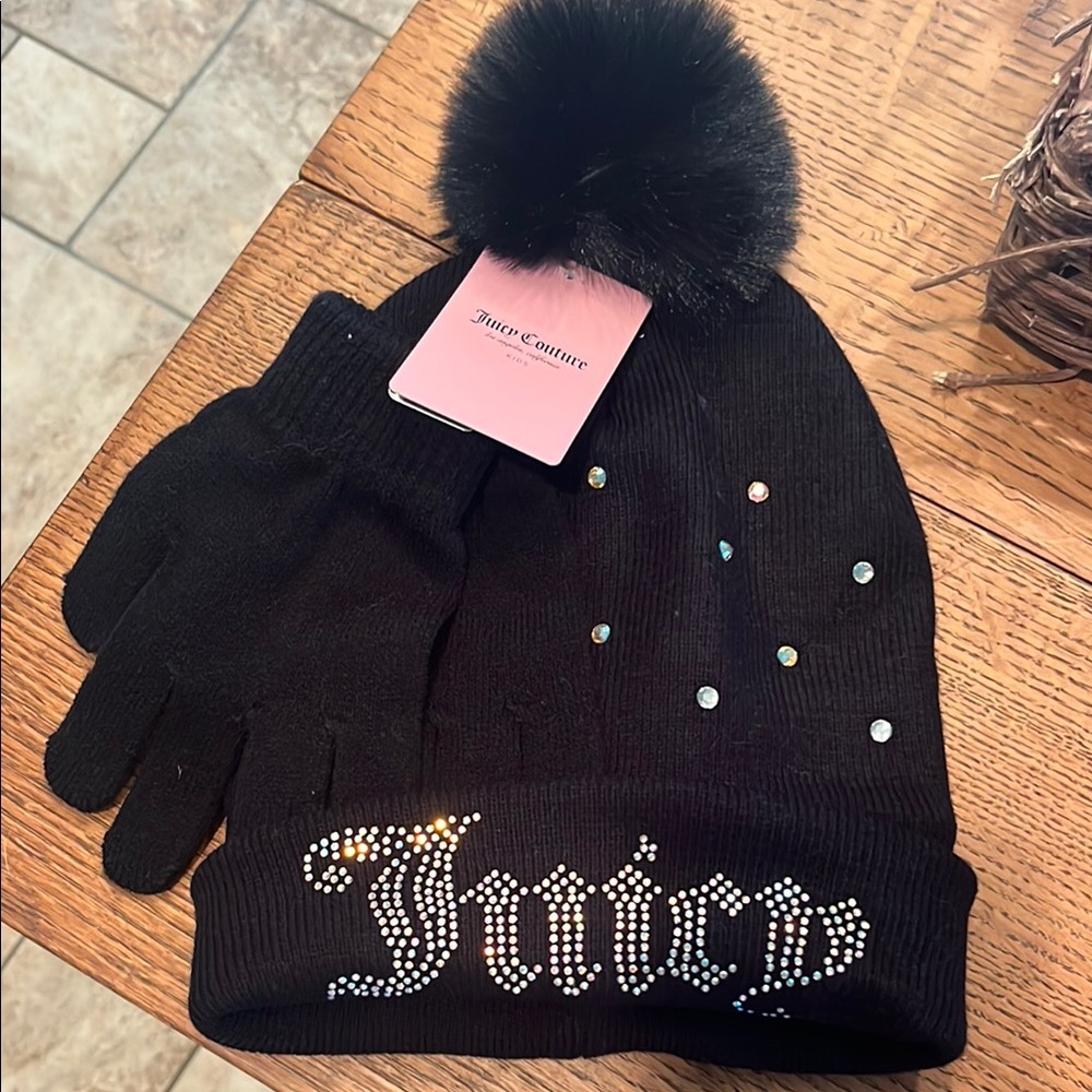 Juicy Couture Black Rhinestone Beanie Hat & Gloves set